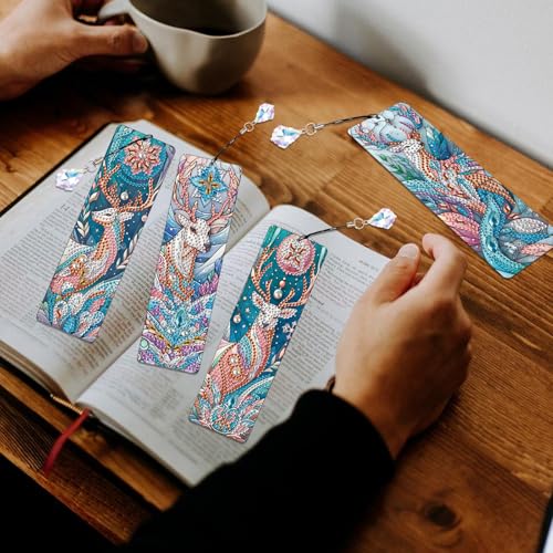 Image of 4 Pack DIY Diamond Painting Bookmarks, Special Shaped Deer Design Handmade Crystal Rhinestone Bookmark Kits with Tassel, Sparkling Art Bookmark for Reading Enthusiasts