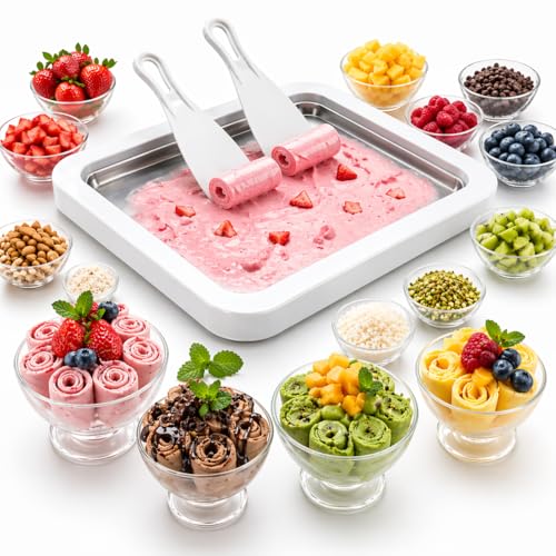 Ice Cream Roller Maker, At Home Rolled Ice Cream Maker Machine, Dairy Free & Frozen Yogurt Maker, Electric Free Countertop Ice Cream Machine with Spade for Rolls, Sorbet & Frozen Yogurt (White)