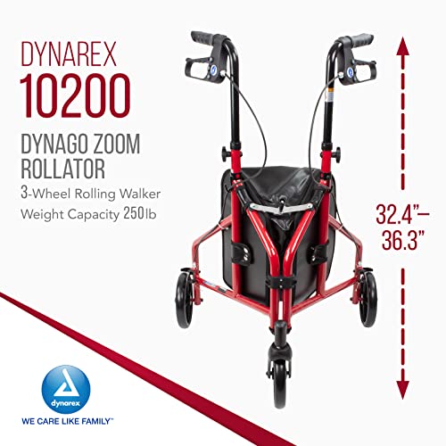 Dynarex Dynago Zoom Rollator Is Foldable, Lightweight, And Travel Friendly, This 3-Wheel Rolling Walker Has A 250 Lb. Weight Capacity, Includes A Large, Removable Storage Pouch, Red Frame, 1 Rollator #TOP2
