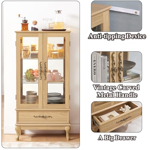 Image of 51 inch H Lighted Curio Cabinet Display Case, Glass Curio Cabinet with Adjustable Shelves,Tempered Glass Door and Drawer, Wooden Cabinets w /Mirrored Back Pane for Living Room (Light Oak)