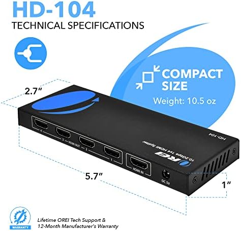 3. Bild von OREI 4K 1x4 HDMI Splitter, - 1 Port auf 4 HDMI Display Duplizieren/Spiegeln - Powered Splitter Ver 1.4 Zertifiziert für Full HD 1080P Hohe Auflösung & 3D Unterstützung (Ein Eingang auf vier Ausgänge) 1x4 HDMI Splitter