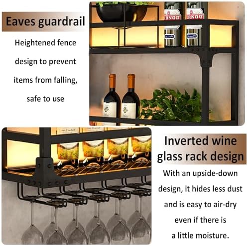 ZYYLIVR LED Wall Mounted Wine Rack - 3 Tier Metal Bar Shelf, Wine Glass Holder & Liquor Bottle Display, Stylish Stemware Goblet Organizer for Home Cellar (Black, 31.5x35.4in)