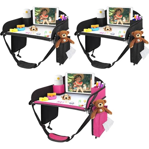 Image of 3Pcs Kids Travel Tray, Kids Travel Trays for Car Seat, Road Trip Essentials for Toddler, Carseat Lap Tray with Dry Erase Board & Storage Organizer for Road Trip Activities for Kid, 2Black+1Pink