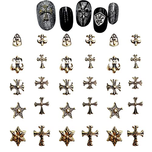 KACHIMOO Cross Nail Art Charm,50 PCS Metal Punk Vintage Nail Accessories for Women DIY Nail Designs Supplies (Gold)