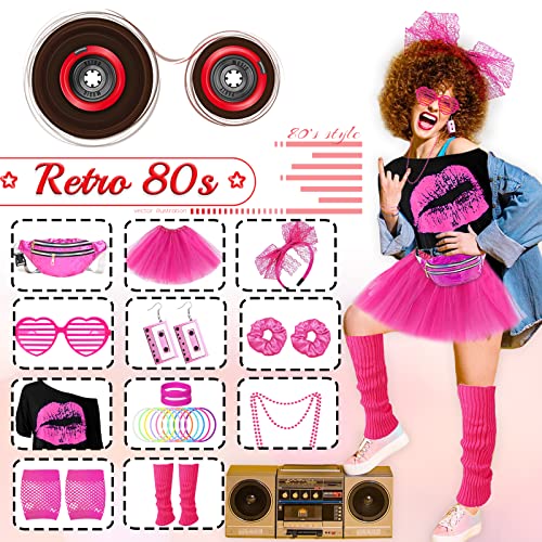 80s Costume Outfits Accessories Set for Women 1980s Fancy Dress Party Kits with T-shirt Tutu Bumbag Headband Earring Necklace Fishnet Gloves Leg Warmers Glasses Bracelet Scrunchies for Women Dress up - Image 4