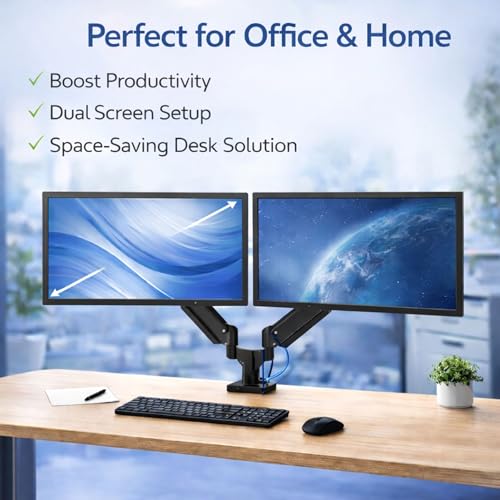 Image of RISSACHI Heavy Duty Dual Monitor Stand for Desk /Table with Gas Spring Height Adjustment for 17-32 inch Screen | Computer Dual Monitors Stand with 10 KG Weight Capacity | VESA Mount,Black