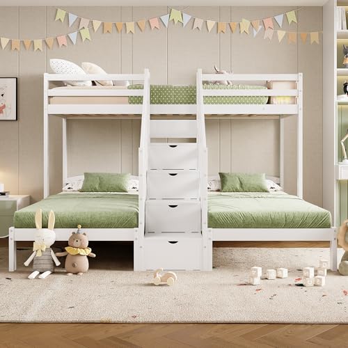 Ojiuboo Cama infantil de tres niveles, pino macizo, con cajones, escalera de almacenamiento y barandilla de seguridad, diseño triple, certificado de seguridad EN747, sin colchón, 90 x 200 cm, color