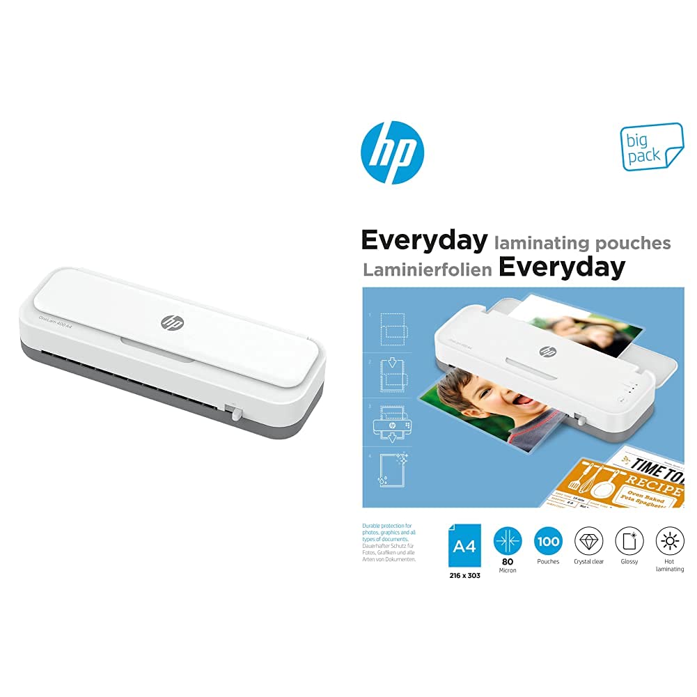 HP OneLam 400 A4, Laminiergerät, 75/80 - 125 Micron, 400 mm pro Minute + HP Everyday Laminierfolien, DIN A4, 80 Micron, glänzend, transparent, zum Heißlaminieren, 100 Stück, 9154