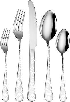 XIAOYU 5 Piece Skull Pattern Silverware Set, Stainless Steel Flatware Set, Gothic Unique Skeleton and Flower Pattern Design, Perfect for Halloween Easter and Christmas, Silver