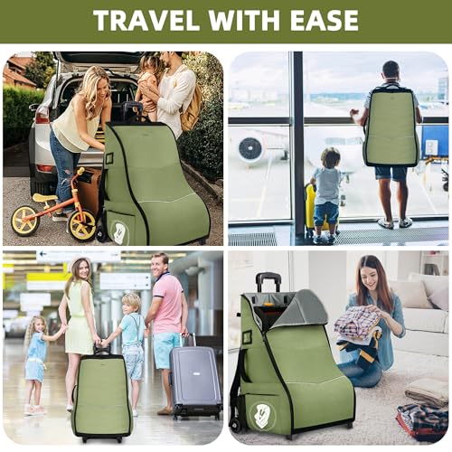Image of Car Seat Travel Bag with Wheels for Airplane, Waterproof Padded Car Seat Carrier Backpack for Airport, Fits Infant & Convertible Seats，Green