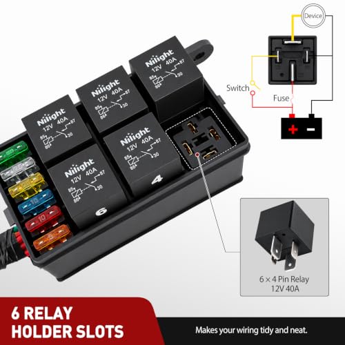Image of Nilight 12V Fuse Relay Box 6 Relays 4pin 40A 6 Fuses Pre-Wired Block Kit | 6-Way ATC /ATO Blade Fuses Holder 12AWG Pre-Wired Relay Box Universal for Automotive Car Truck Camper Boat
