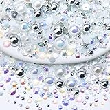 Towenm 60g Mix Pearls and Rhinestones, Flatback Rhinestones and Pearls for Crafts Tumblers Shoes Nails Face Art, 2mm-10mm Mixed Sizes Half Pearls and Rhinestones, White|Silver|Clear