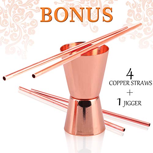 Bicchieri Rame Moscow Mule Set di 4, 100% Tazze Rame Lavorate a Mano, set da 550ml con BONUS: 4 Cannucce di Rame da Cocktail di Alta Qualità e 1 Jigger - immagine 6