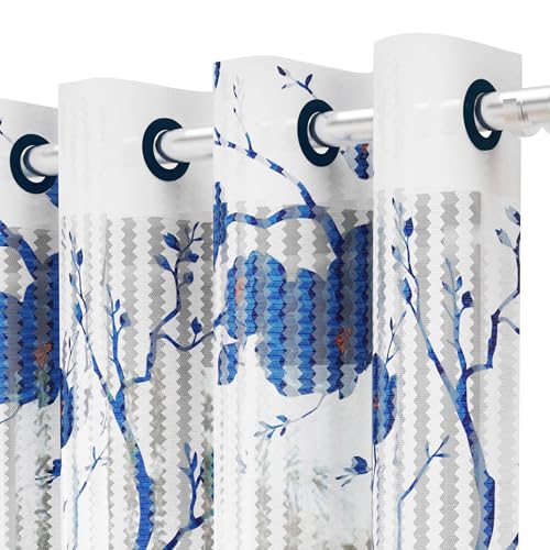 Image of MollisHomes Window Curtains 5 Feet Long Set of 1 | Floral Design | Polyester | Light Filtering Curtains | Curtains for Living Room | 118 x 152 cm, Blue & White Color | Perfect for Home Decor