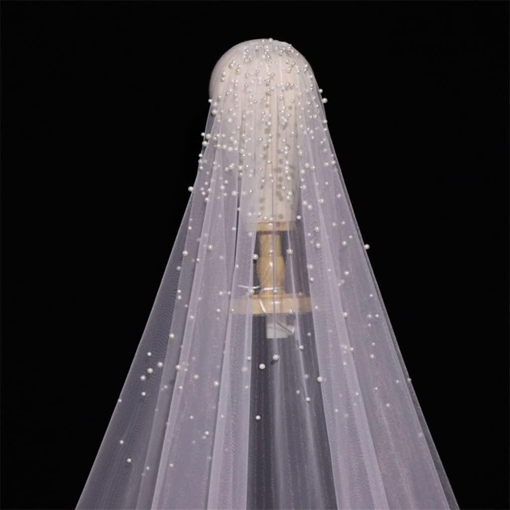 300cm Long Pearls Wedding Veil Tulle 1T Bridal Veil Beaded Bride Veil Ivory Bridal Party Veils with Comb(OneColor)