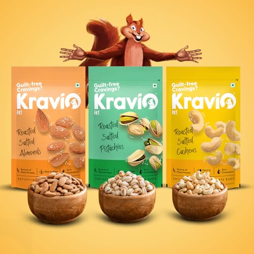 Image of Kravio Premium Roasted Salted Cashew, Almond & Pistachio Nuts (3 X 200g) | Zero Cholesterol Natural Whole Kaju, California Badam & Inshell Pista Nuts & Dry Fruits | Crunchy Delicious Healthy Snacks