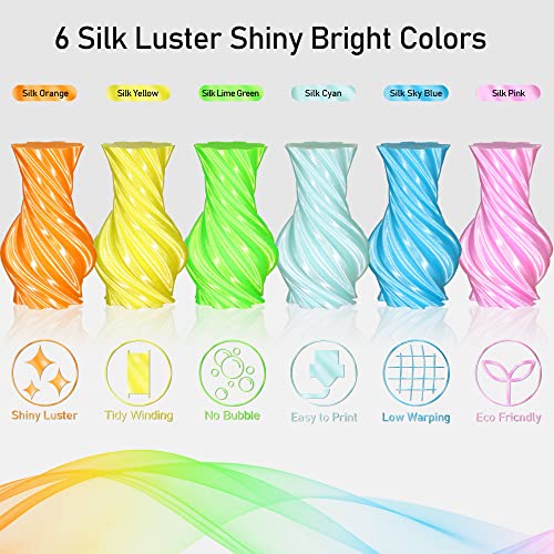 Image of 1.75mm Silk Shiny PLA Filament 6 in 1 Bright Colors Bundle Pack: Silk Yellow /Lime Green /Light Orange /Sky Blue /Pink /Cyan, Each Spool 250g, 6 Spools Packed, Total 1.5Kg 3D Printing Material MIKA3D
