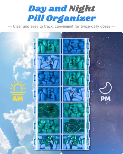 Image of Extra Large Pill Organizer 2 Times a Day, Weekly XL AM PM Pill Case, 7 Day Pill Box Twice a Day, Oversized Daily Medicine Organizer for Vitamins (Blue)