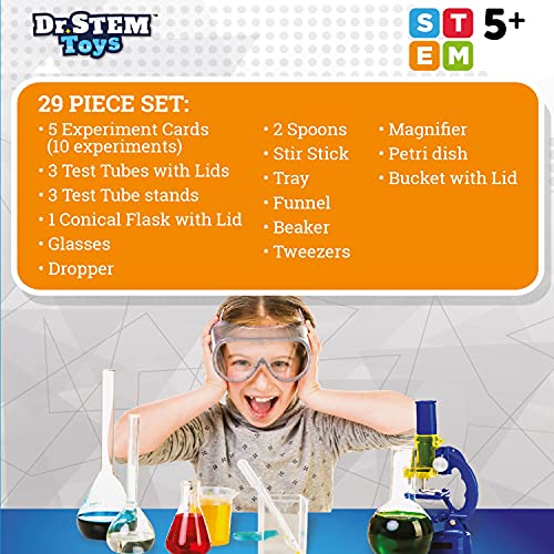 Dr. Stem Toys - Kids First Chemistry Set Science Kit - 28 Pieces Includes Ten Experiments, Goggles, Test Tubes, All In A Storage Bucket #TOP4