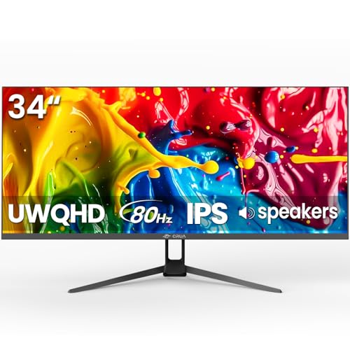 CRUA 34'' Ultrawide Gaming Monitor, 21:9 UWQHD 3440x1440 80Hz IPS Panel Computer Monitors with Built-in Speakers, Supports FreeSync, 120% sRGB, Blue Light Filter, HDMI 2.0 & DP 1.4, Wall-Mountable