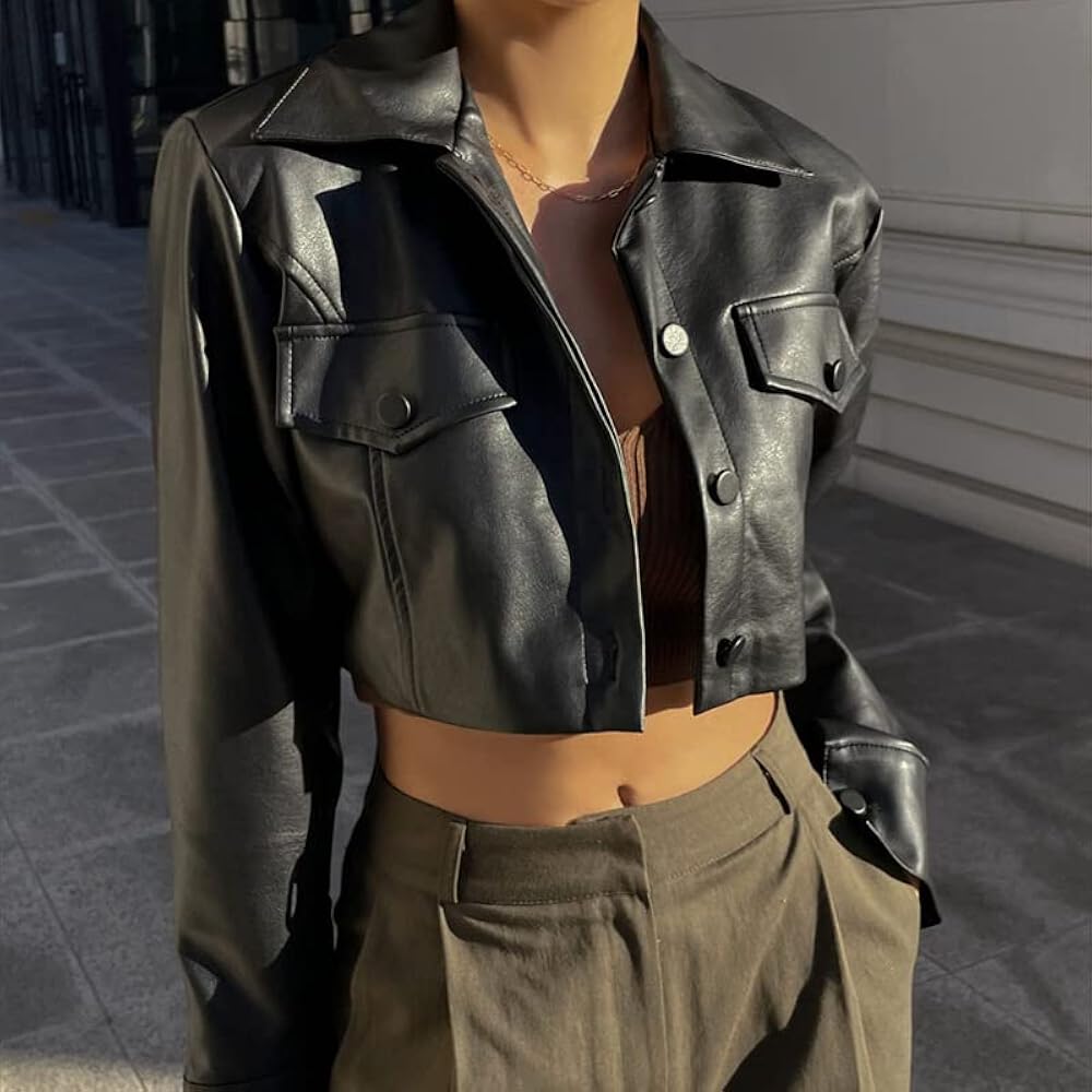 eaphi big collar leather short jacket 新品 BoShiNuo Women's Faux Leather Short Biker Jacket Fall Lapel