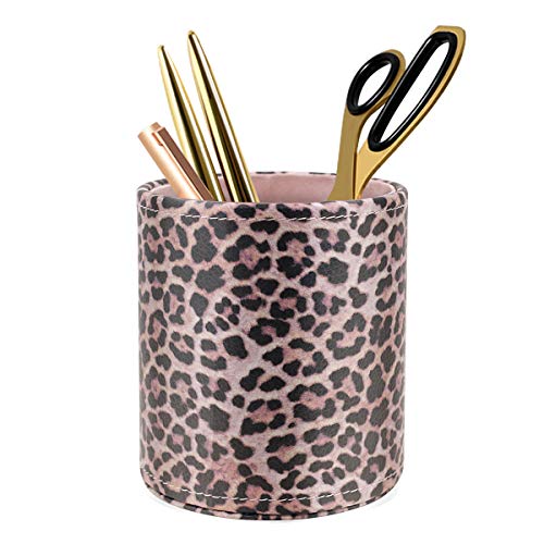 Image of Pen Holder for Women Girls Desk Decor Pencil Cup for Decoration Durable Leather Desk Organizer Makeup Brush Holder, Classic Leopard