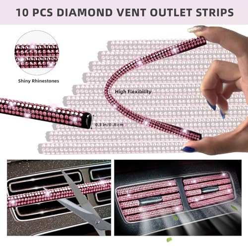Image of NBTEPEM 27-Piece Bling Car Accessories Set - Universal Fit Steering Wheel Covers, License Plate Frames, Phone Holder, Car Fast Charger, Coasters (Pink)