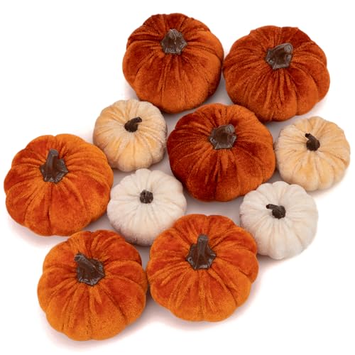 Briful Fall Pumpkins Decoration for Home, 10PCS Assorted Velvet Pumpkins Small Fake Pumpkins for Autumn Harvest Thanksgiving Halloween Party Table Centerpiece Decoration(Beign/Brown/Orange)