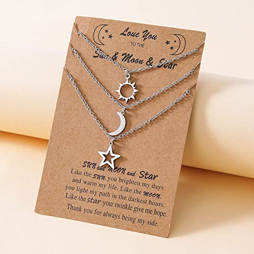 Image of COLORFUL BLING Stainless Steel Sun and Moon Star Necklace 3 Best Friend Friendship Sister Set for Women Mom Daughter BFF Jewelry Gifts