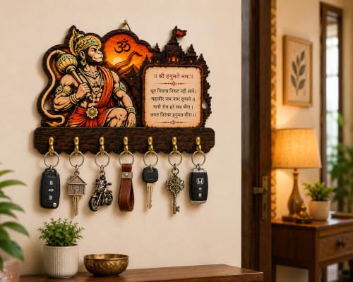 Image of CAPIO ART Hanuman Ji Wooden Key Holder with 7 Hooks, Jai Shri Ram
