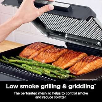 Ninja GR101 Sizzle Smokeless Indoor Grill & Griddle, 14'' Interchangeable Nonstick Plates, Dishwasher-Safe Removable Mesh Lid, 500F Max Heat, Even Edge-to-Edge Cooking, Grey/Silver
