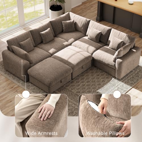 Image of Ihanherry Oversized Cloud Sectional Couches for Living Room, Modular Sectional Sofa with Wide Deep Seat, Coner Couch with Throw Pillow and Storage Ottoman, Brown