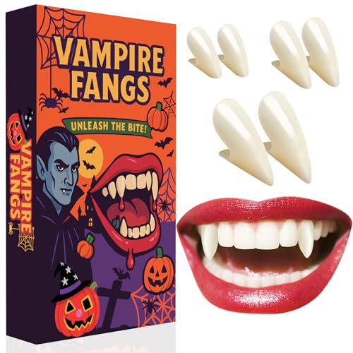 Realistas Colmillos Vampiro Niño Adulto: 3 Pares Dientes Vampiro para Maquillaje Halloween Accesorios Disfraz Vampiro Niña Mujer Hombre Dentadura Vampiro, Colmillos Falsos con Pegamento Vampire Teeth