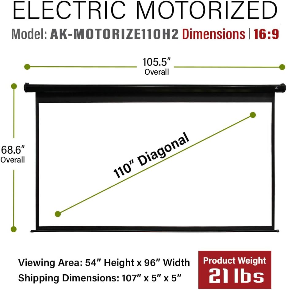 Diagram showing the dimensions of the 110-inch Akia Screens motorized projector screen