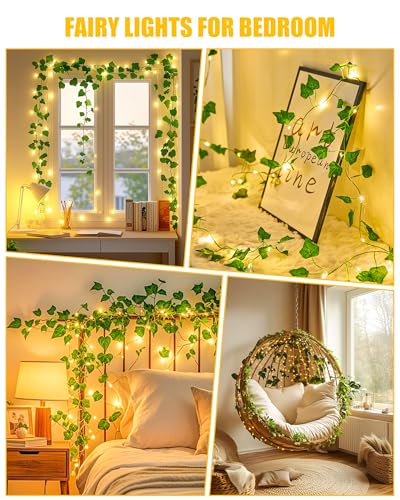 Image of Minetom Vine Lights for Bedroom, 21ft 60LED Fairy Lights Battery Operated with Remote Control, 8 Lighting Modes Ivy Vines String Light for Bedroom Room Wall Wedding Christmas, Warm White