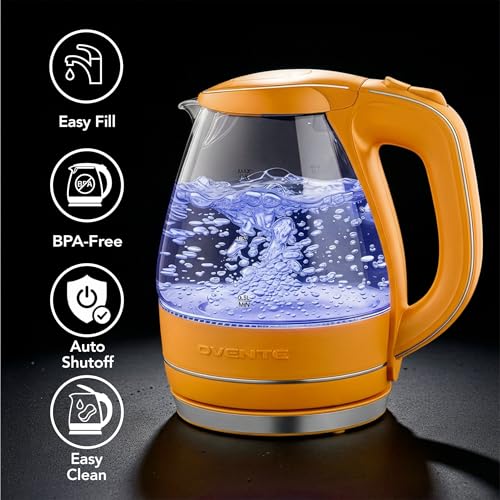 Image of OVENTE Electric Kettle, 1.5L Borosilicate Glass Countertop Water Heater and Boiler for Coffee or Tea, BPA-Free, Auto Shut-Off, Boil-Dry Protection, Removable and Washable Spout Filter, Orange KG83O