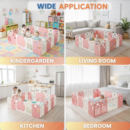 Image of 18 panel Playpen for Babies upto 5 year with Mat and Balls Foldable Baby Play Area Indoor Setup Play Yard Fence for Toddlers Kids Playarea Setup Outdoor Children Play Pen with Gate Baby Playpen(6 * 6 FT=36 SQFT, Pink)