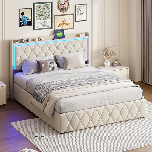 QMTXBYJ - Cama de maletero de 160 x 200 cm con somier, camas acolchadas de 160 x 200, cama acolchada con almacenamiento, cabecera con puerto USB tipo C, luz LED, camas dobles con lamas, terciopelo