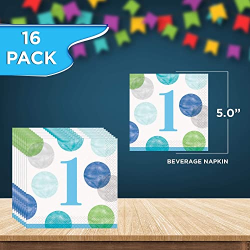 Unique Blue Dots Baby Boy 1st Birthday Party Bundle | Beverage & Luncheon Napkins, Dinner & Dessert Plates | Great for Child's 1st Birthday Celebration, Kid's Party