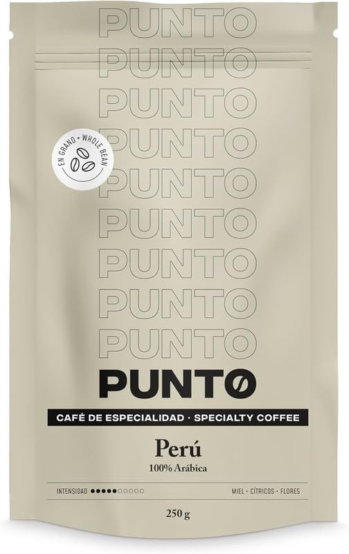 PUNTO - Café de Especialidad Arábica en Grano - 250 g - Tueste Natural de Perú - Aroma a Miel, Cítrico y Flores - Sabor Afrutado y Cuerpo Medio - Intensidad 5 de 10