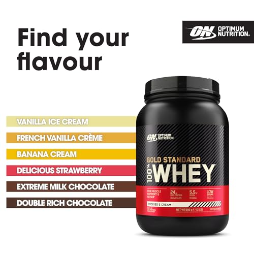 Optimum Nutrition Gold Standard 100% Whey Protein, Muscle Building Powder With Naturally Occurring Glutamine and BCAA Amino Acids, Cookies and Cream Flavour, 28 Servings, 896 g - Image 6