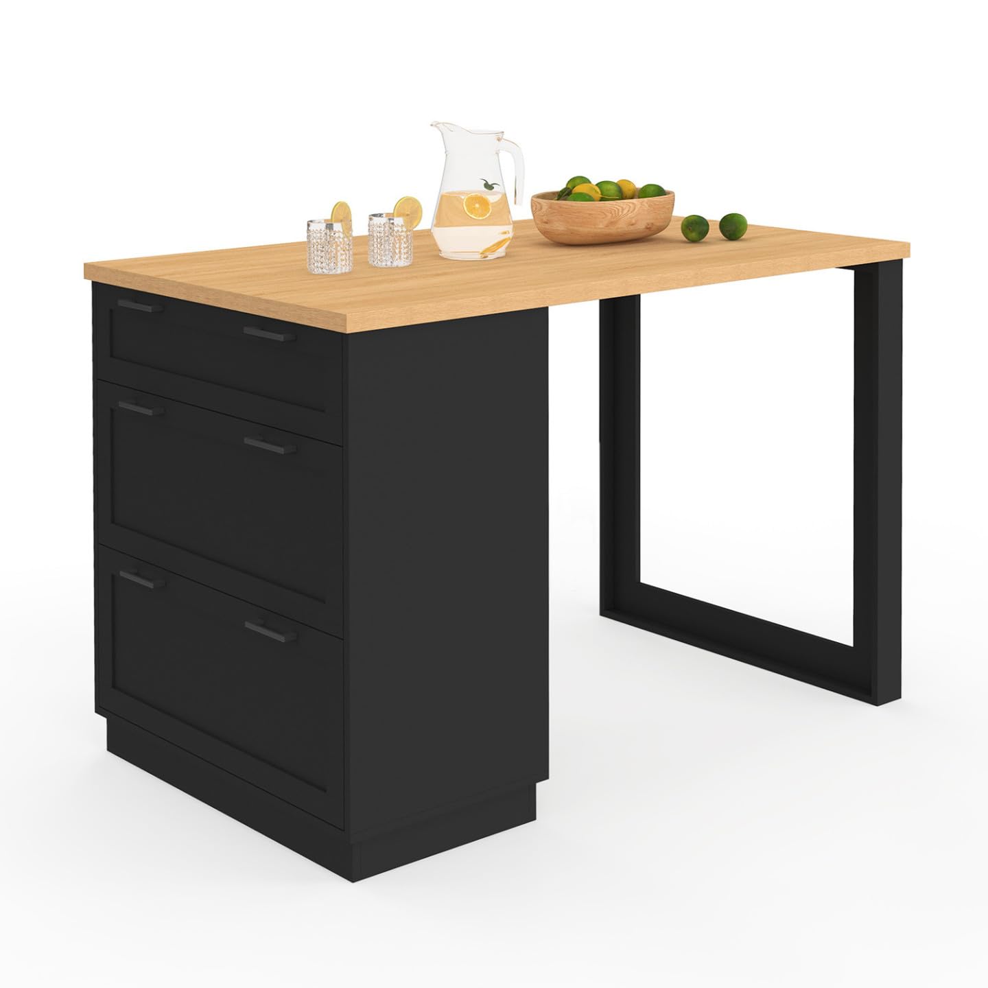 IDMarket - Ilot Central Mange-Debout 4 Personnes VITO 130 cm casserolier 3 tiroirs Noir et Plateau Bois