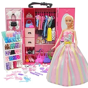 NOKUTIP 161 PCS 11.5 Inch Girl Doll Closet Wardrobe with Clothes and Accessories Including Wardrobe Shoes Rack Clothes Dress Swimsuits Shoes Hangers Crown Necklace and Other Accessories
