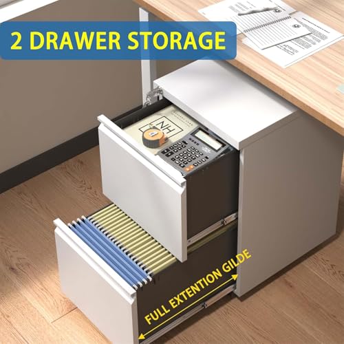 Image of Guizeeopo 2 Drawer Locking File Cabinet, Fully Assembled Heavy-Duty Metal Filing Cabinets for Home Office, Quiet Slides, Anti-Tipping Wheels, Fits A4 /Letter /Legal, Matte White