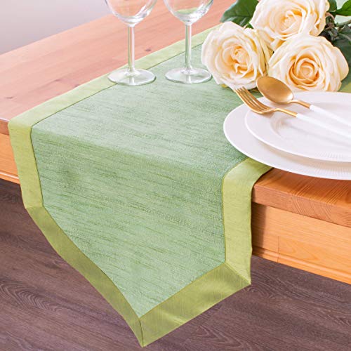 The White Petals Light Green Round Table Runners (Faux Silk, V-End Border, 14x48 inch, Pack of 1)