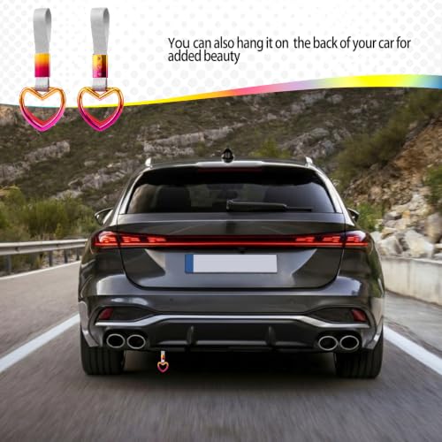 Image of 2PCS Heart Shaped Car Handle Straps, Rear Bumper Warning Keychain Ring for Car Exterior Accessories (Chrome Rainbow Heart - White)