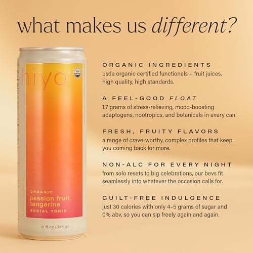 Hiyo Organic Social Tonic – Tropical Pack, 12 Pack - N.A. Functional Seltzer, Sparkling Water Crafted with Organic Adaptogens, Nootropics & Botanicals
