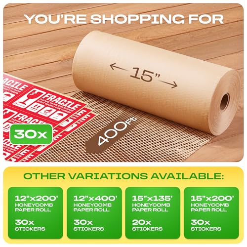 Honeycomb-Packing-Paper-Extra-Thick-90-GSM-Packing-Wrap-Biodegradable-Packing-Materials-15-x-400-Moving-Paper-30-Fragile-Stickers-Paper-Bubble-WrapPacking-Bubbles-Substitute