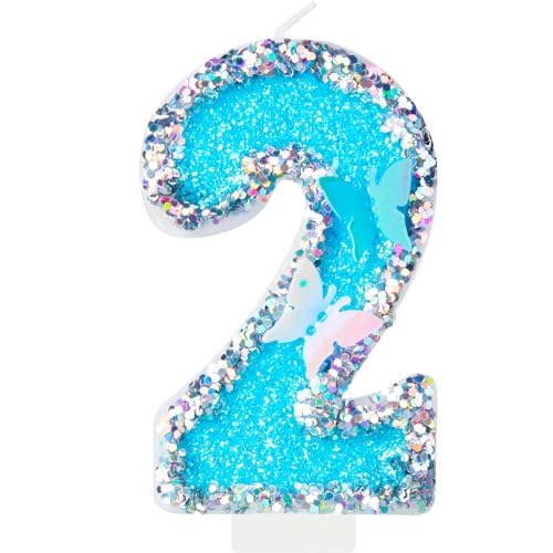 Velas con números de mariposa, velas de número 2 azul plateado para pasteles, decoraciones de pastel de segundo cumpleaños para niñas, velas de 2º cumpleaños, decoración de tartas para niñas y niños,