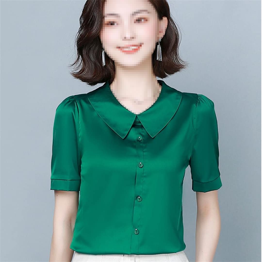 Camisa de Trabajo de Oficina de Verano para Mujer, Camisa de Seda Satinada con Cuello en V de Manga Corta para Mujer, Blusa, Tops
